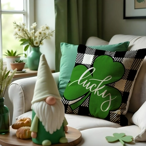St. Patrick's Day green clover pillow cover with lucky typography on black white plaid base