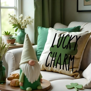 St. Patrick's Day Lucky Charm clover pillow case with festive gnome decoration