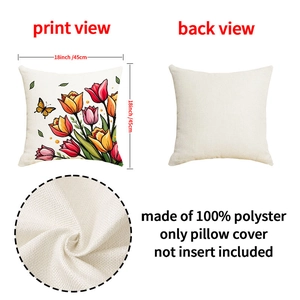 Detail of tulip pillow cover showing floral print, plain back and linen-like fabric texture