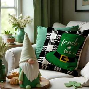Saint Patrick's Day buffalo plaid pillow case with lucky hat and green shamrock design