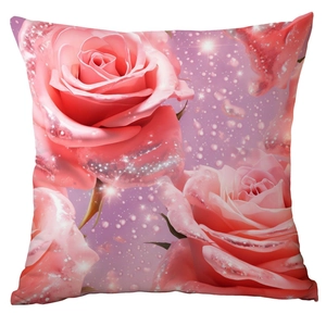 Close-up of pink rose pillow cover with glitter accents and soft bokeh background