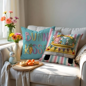 Detailed texture of Easter linen pillow covers with bunny and truck festive prints