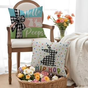 Detail of Easter pillow covers featuring Hello Peeps and Hip Hop bunny patterns