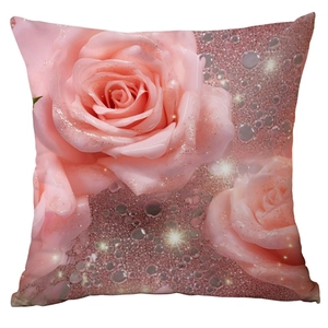 Close-up of pink rose flower pattern on square pillow cover with sparkling glitter details