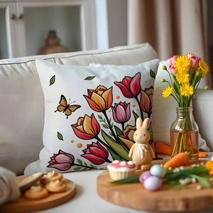 Spring tulip and butterfly decorative throw pillow cover on a sofa for home decor
