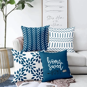 Modern Nordic plush pillow covers with blue geometric patterns and floral prints