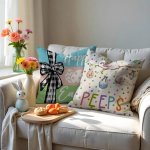 Detailed view of Happy Easter and PEEPS throw pillow covers on a cozy sofa