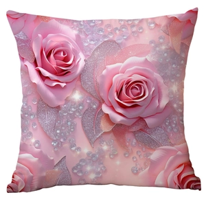 Detailed macro view of pink rose pattern with 3D silver glitter leaves on pillow cover
