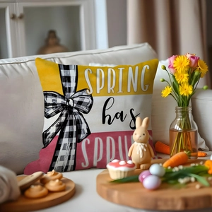Spring Has Sprung tulip throw pillow cover with checkered bow on striped background