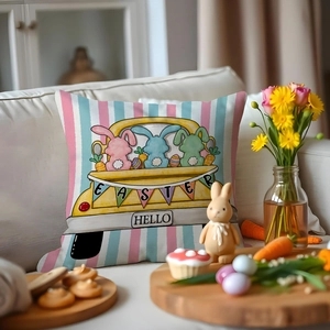 Easter throw pillow cover with cartoon bunny car design on white sofa with spring decor
