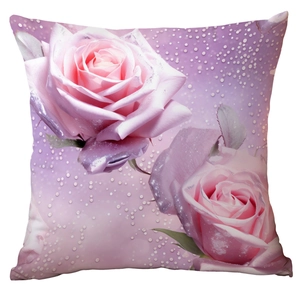 Detailed macro view of high-definition digital rose print on a pink square cushion cover