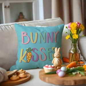 Easter Bunny Kisses linen throw pillow cover with colorful letters for home sofa decor