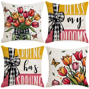Spring Tulip Flower Linen Decorative Pillow Covers With Gingham Bow Butterfly Pattern For Sofa Home Couch Decor