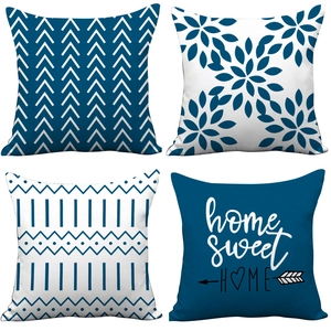 Nordic style navy blue plush cushion covers with geometric leaf and home sweet home prints