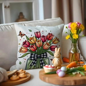 Spring tulip flower throw pillow cover with floral print and Easter themed decor