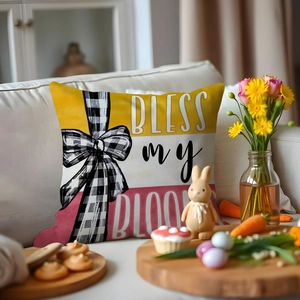 Spring tulip throw pillow cover with gingham bow and Bless My Blooms text on sofa