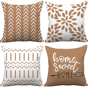 Set of 4 Nordic style plush pillow covers with brown geometric and letter prints