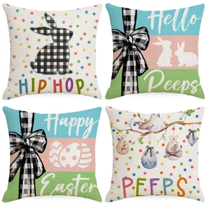 Easter Linen Throw Pillow Case Decorative Rabbit Egg Pattern Cushion Cover For Living Room Sofa Home Decor Square 45x45cm