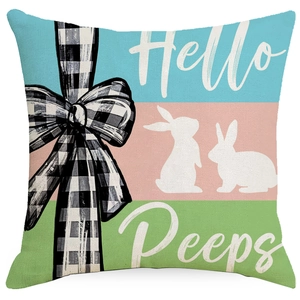 Easter pillow cover with three-color stripes, white bunnies, and a plaid bow decoration