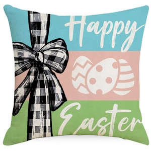 Square Happy Easter pillow cover with gingham bow and pastel color blocks on white background