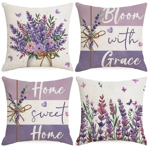 Frühling Lavendel Leinen Kissenbezug Quadratisch Dekorative Kissenhülle Blumen Schmetterling Für Sofa Home Decor Wohnzimmer Büro