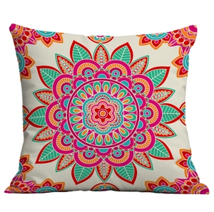 Detailed macro of mandala pattern on bohemian square throw pillow cover with vibrant colors
