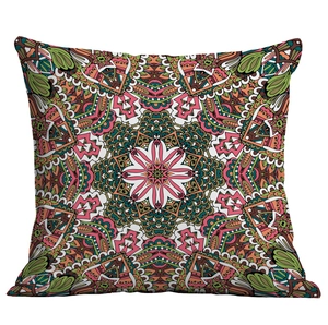 Detailed view of bohemian mandala pattern with colorful geometric and floral print on pillow