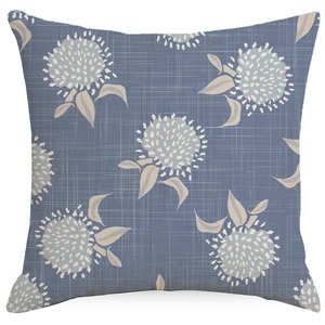 Detail of navy blue floral cushion cover with woven linen texture and botanical pattern