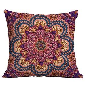 Detailed close-up of mandala geometric pattern on bohemian square throw pillow cover