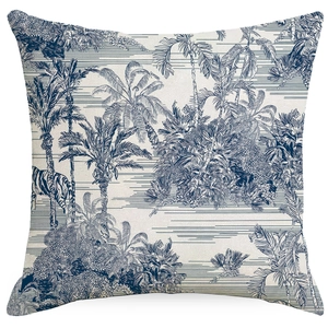 Close-up of tropical jungle pattern with tigers and palms on blue toile cushion cover