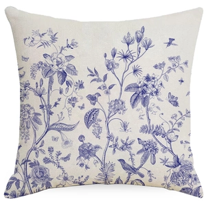 Close-up of Toile de Jouy floral pattern on beige cotton linen cushion cover
