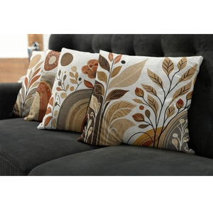 Detailed view of four bohemian cushion covers with abstract sunset art on a black sofa