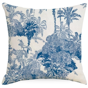 Detailed close-up of blue tropical landscape toile pattern on high-quality linen cushion cover