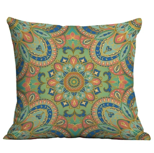 Detailed close-up showing the fabric texture and mandala pattern on the bohemian pillowcase