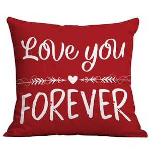 Red Valentine's Day pillow case with white Love You Forever script on white background