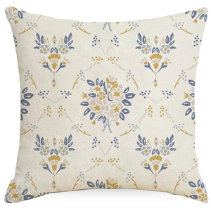 Detailed fabric texture of square pillowcase with floral and geometric patterns
