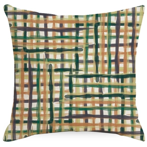 Detail of square pillowcase with watercolor geometric grid in olive and orange tones