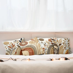 Set of 4 boho abstract cushion covers with minimalist sunset and leaf designs for sofa