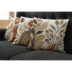 Set of 4 Bohemian abstract pillow covers with sun and leaf patterns on a dark sofa
