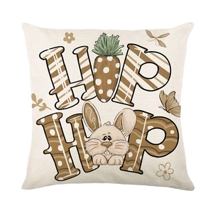Housse de coussin Pâques beige avec motif lapin et texte HIP HOP sur tissu en lin