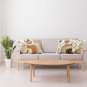 Set of four bohemian abstract pillow covers with modern botanical sunset line art patterns