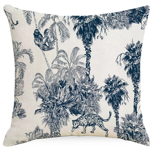 Tropical Toile de Jouy pillow cover with monkey and leopard print on linen fabric