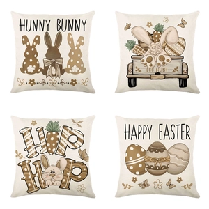 Taie d'Oreiller en Lin de Pâques Imprimé Rétro Lapin Œuf Camion Housse de Coussin Décorative Pour Canapé Salon Chambre
