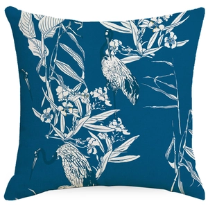 Artistic chinoiserie throw pillow cover with floral and crane prints on navy fabric