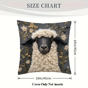 Size chart showing 18x18 inch square Valais Blacknose Sheep pillow cover with 3D embroidery