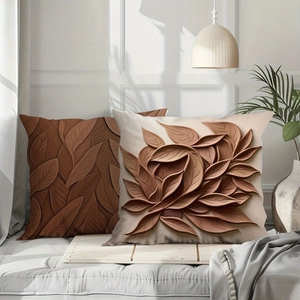 Brown embossed leaf throw pillow covers on a modern bed in a minimalist bedroom decor