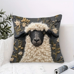 Valais Blacknose sheep 3D embroidery pillowcase on a white sofa with olive branch