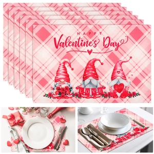 Detail of 6-piece Valentine's Day placemats featuring cartoon gnomes and pink plaid pattern