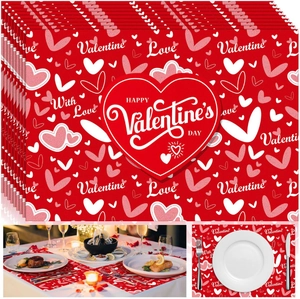 Detail showing waterproof Valentine's Day placemats with red hearts and holiday text