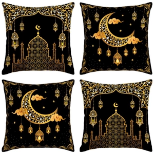 Ramadan Moon Star Mosque Pattern Linen Pillowcase Black Gold Luxury Islamic Eid Mubarak Cushion Cover For Sofa Decor